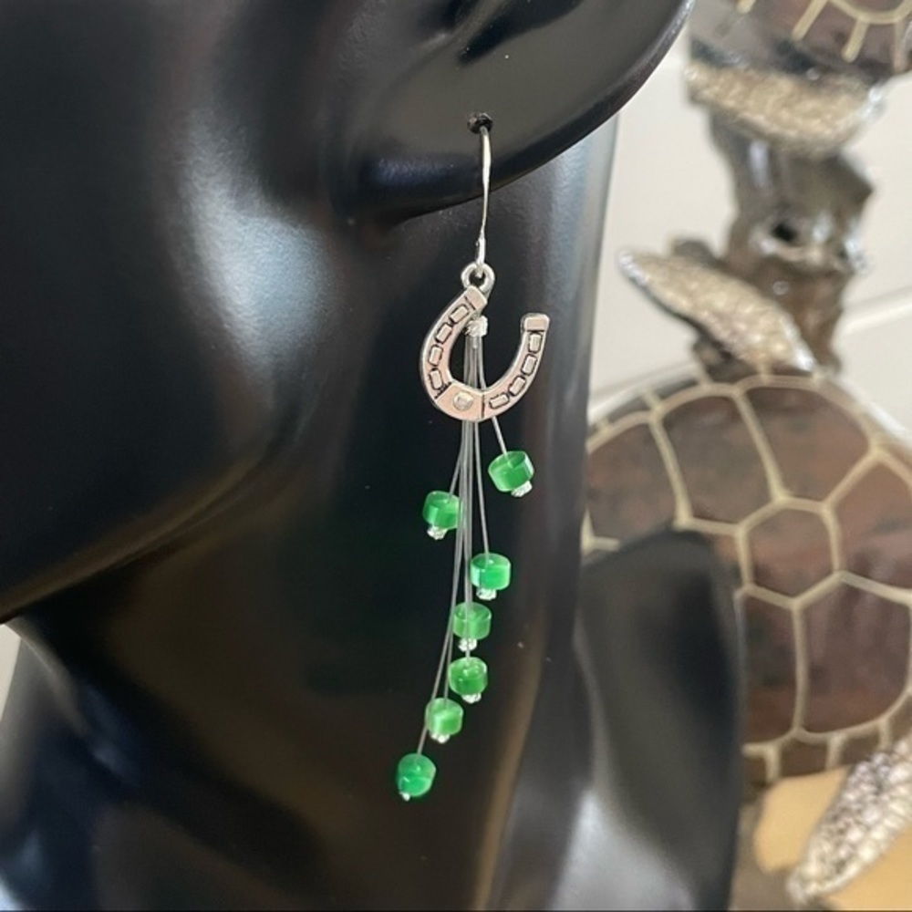 $10 SALE Lucky Horseshoe Statement Earrings Green Mixed Metal 3” Long - Picture 4 of 4